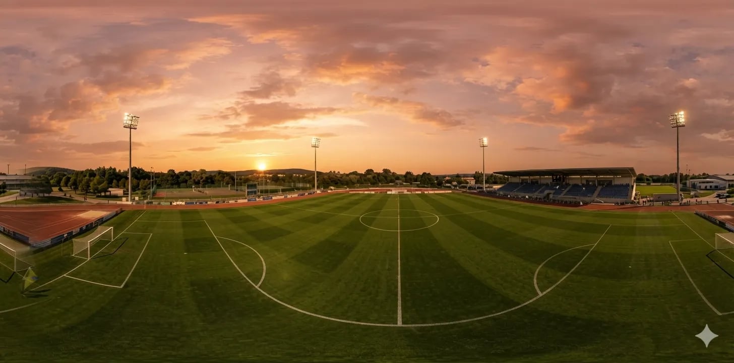 Cancha de fútbol Omega Complex al atardecer